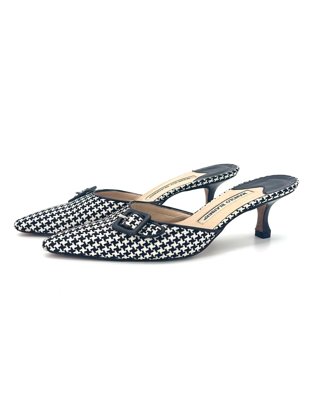 Vintage Manolo Blahnik Buckle Houndstooth Pointed Toe Slip On Mules 37.5